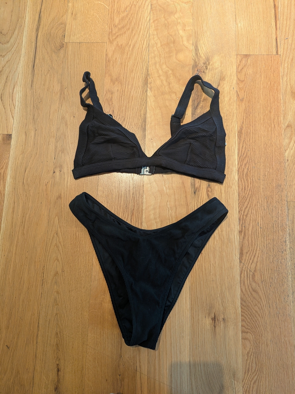 Zulu & Zephyr Black Ribbed Triangle Bralette & High-Cut Brief
